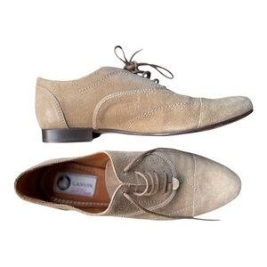 LANVIN Tan Suede Stitched Wingtip Oxford Flats 37.5